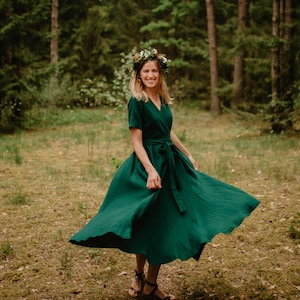 Lisbon Dress - Wrap Linen Dress - Linen Dress - Romantic Dress - Wide Skirt Dress - Linen Clothing - Summer Dress- Green Dress - Women Dress