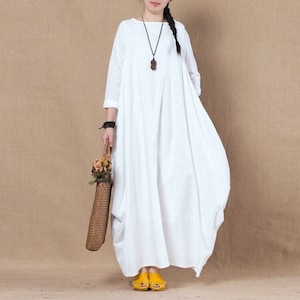 Women's linen cotton dress long sleeves dress linen loose dress linen maxi dress oversized clothing plus size dress spring dress A15