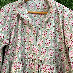 Summer Earthy Elegant Comfy Daywear Beach Outfit Gown Dress Indian Cotton Dress Collection Floral Print Top, Organic Cotton Handmade Gown