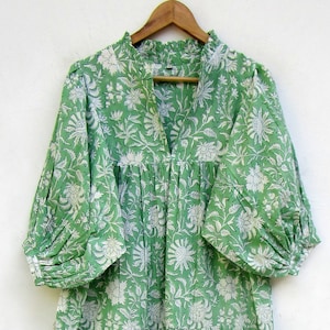green floral printed cotton long maxi dress - v neckline maxi dress - 3/4th sleeve with buttons maxi dress