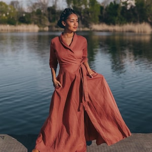 Linen Wrap Dress in Moroccan Red, Linen Maxi Dress, Shawl Collar Linen Maxi Dress for Women, Summer Dress, Plus Size Dress, Elegant Dress