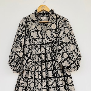 Black floral printed cotton long maxi dress - v neckline maxi dress - 3/4th sleeve with buttons maxi dress