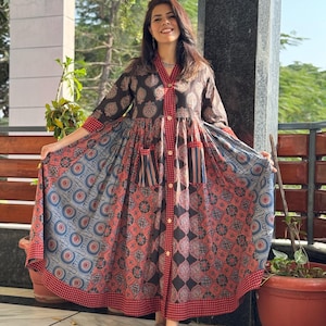 Hand Block Printed Dress Holiday Maxi long Dress Cotton Floral Dress Christmas Red Dress|Handmade in India Jaipuri Long Dress with pockets