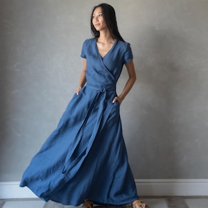 Long Blue Wrap Dress, Maxi Linen Dress, Linen Kaftan Dress, Floor Length Linen Dress, Summer Flax Dress, Wrap Around Dress VALENTINA