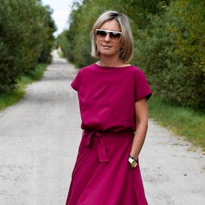 Fuchsia cotton dress with belt and pockets, summer midi dress, short sleeve dress, elegant cotton dress, Lucy dress