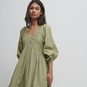 Organic Cotton Pleated Maxi Dress, Green Tiered and Layered Dress, Boho Tunic with Pockets, Comfortable Loose Fit, Plus Size, Custom Sizing
