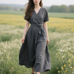 Linen Wrap Dress With Belt Short Sleeve V-Neck Maxi Dress Summer Flowy Linen Dress Minimalist Natural Dress Custom Fit Cottagecore Dress