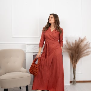 Brick Red Linen Dress, Wrap Linen Dress, Lapel Dress, Maxi Linen Dress, Summer Linen Dress, Linen Dress With Pockets, Elegant Linen Dress