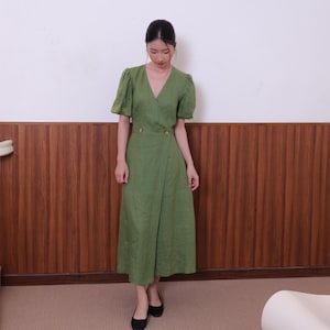 Green Linen Wrap Dress - Women’s Puff Sleeve Midi Summer Dress - Boho Chic Casual Outfit